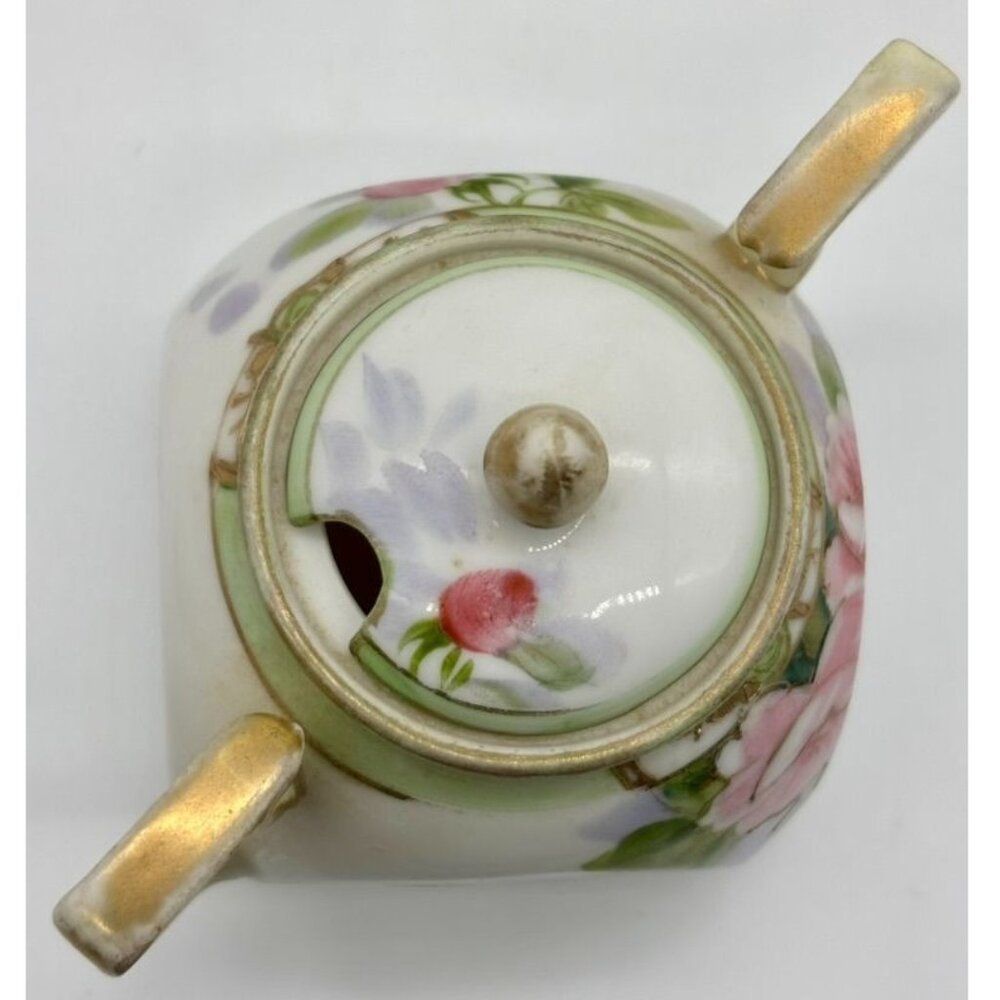 Antique Nippon Hand Painted Double-Handled Small Sugar Bowl With Lid Pink Roses~ - Picture 14 of 14